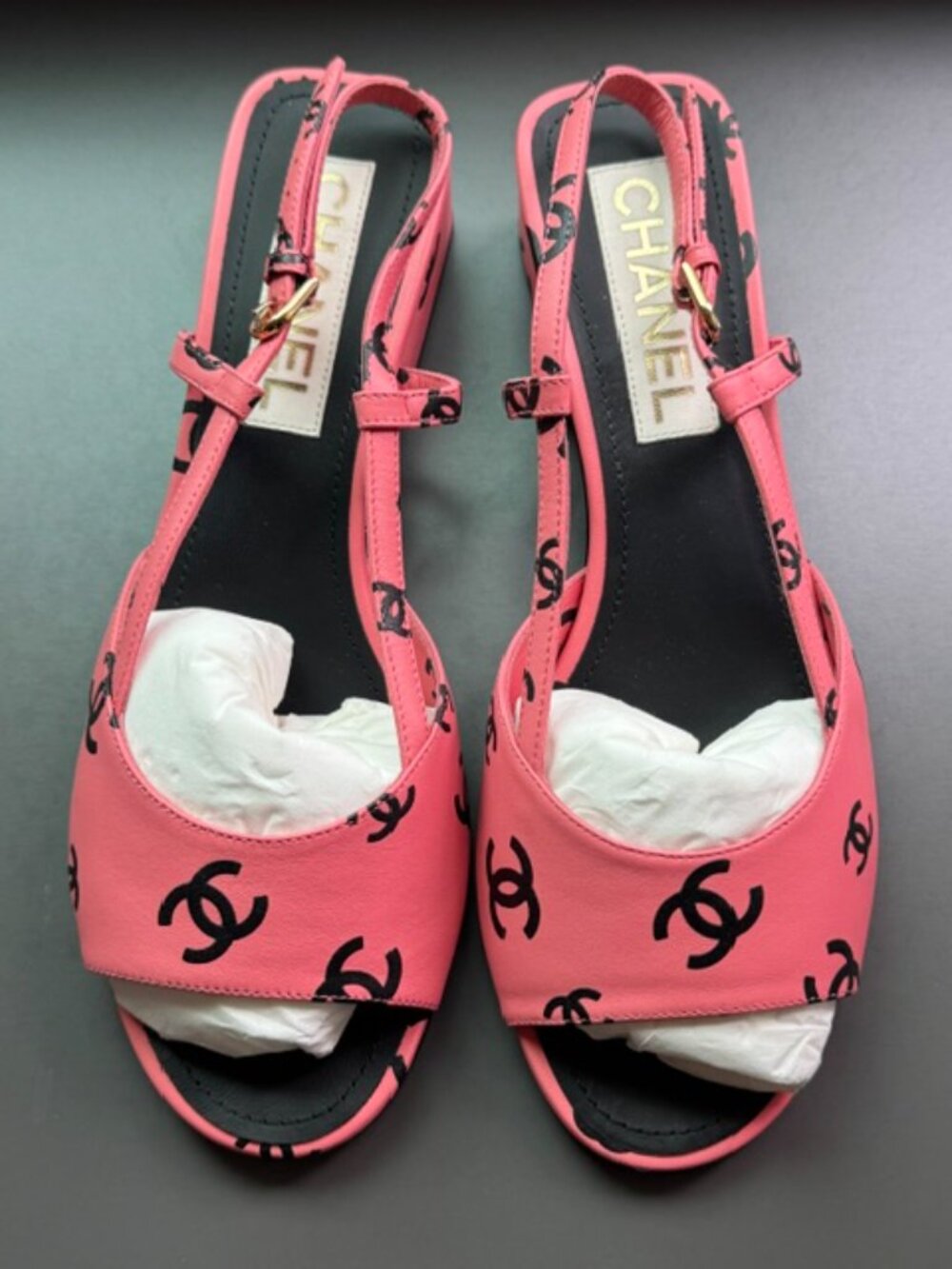 Chanel 22S Leather Slingback Sandals Pink Logo Runway Full Set Excellent Sz 39